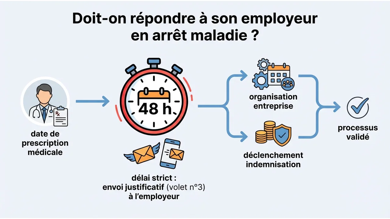 Frise chronologique montrant le délai de 48 heures maximum pour transmettre le volet 3 de l'avis d'arrêt de travail à l'employeur.