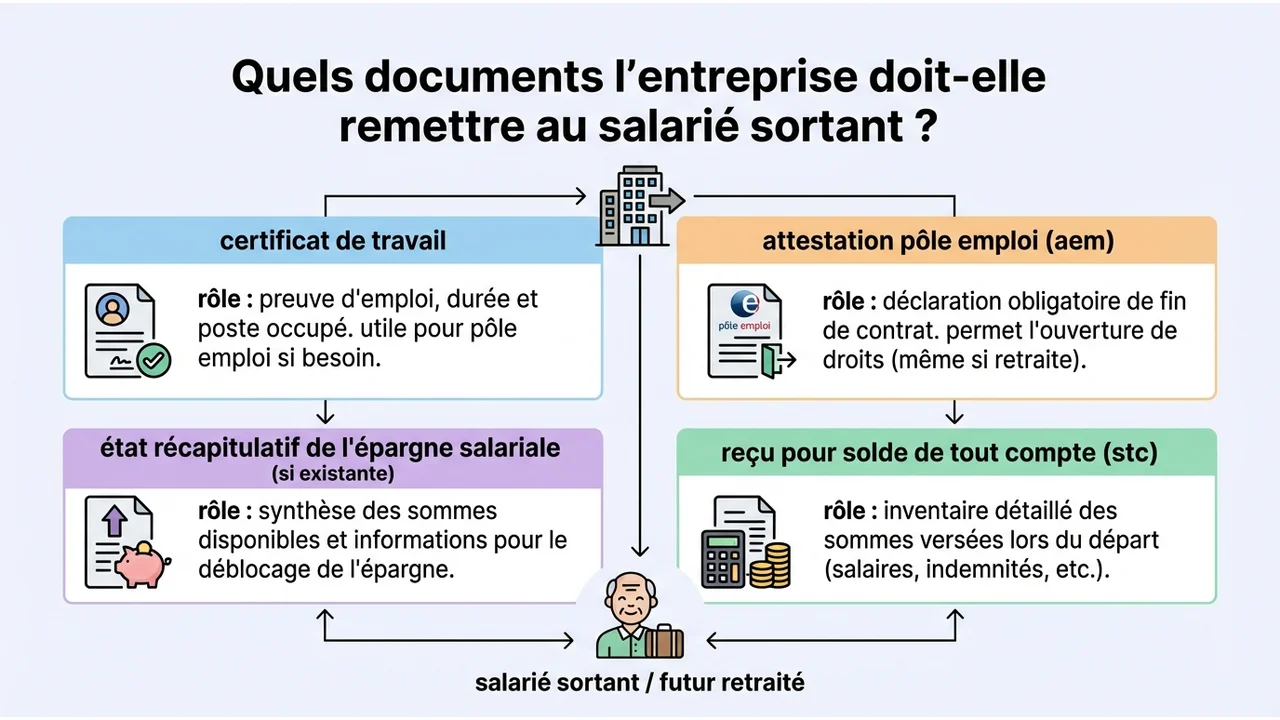 Schéma illustrant les quatre documents obligatoires : certificat de travail, attestation France Travail, solde de tout compte et dernier bulletin de paie.