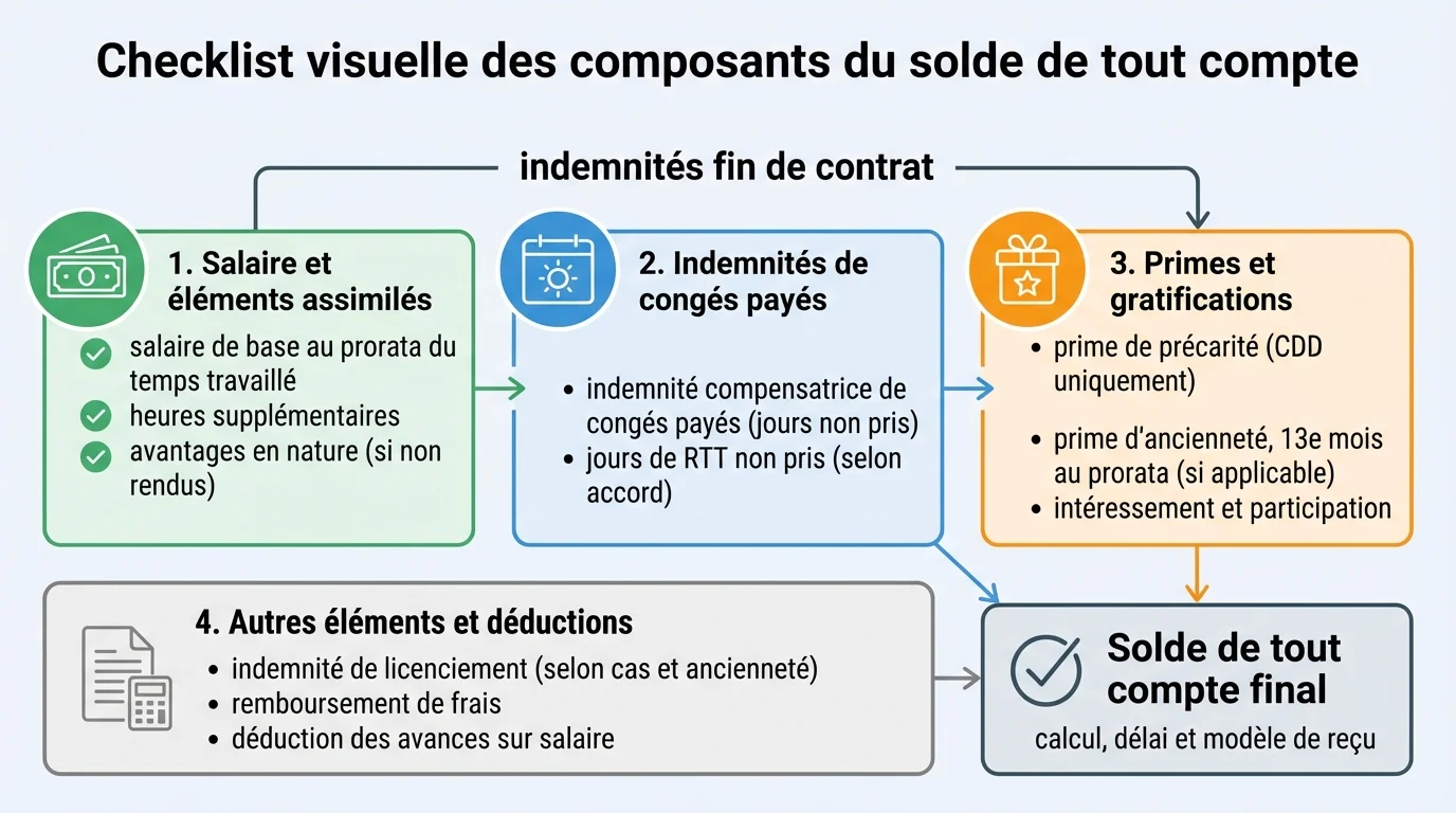 Checklist visuelle des composants du solde de tout compte