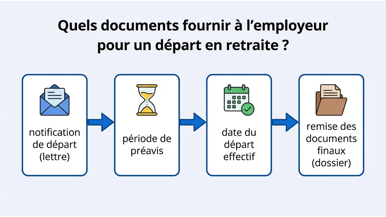 Diagramme linéaire montrant le parcours : envoi de la notification, respect du préavis, départ effectif et remise des documents de fin de contrat.