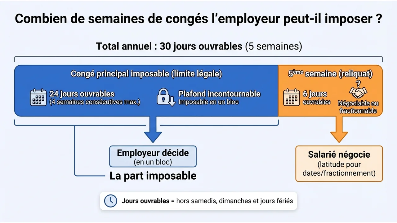 Schéma divisant les 30 jours de congés en un bloc de 24 jours (congé principal) et un bloc de 6 jours (5ème semaine).