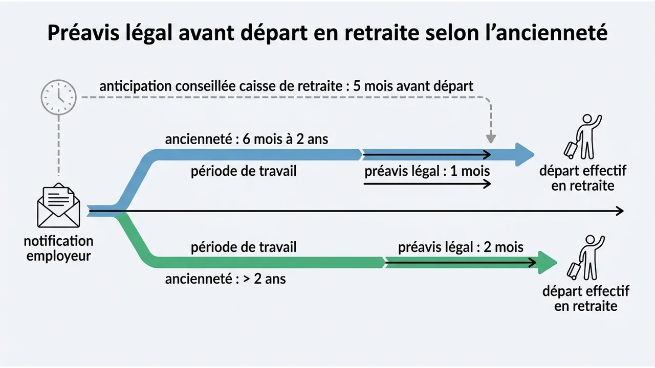 Frise chronologique comparant le préavis de 1 mois (entre 6 mois et 2 ans d'ancienneté) et le préavis de 2 mois (plus de 2 ans d'ancienneté).