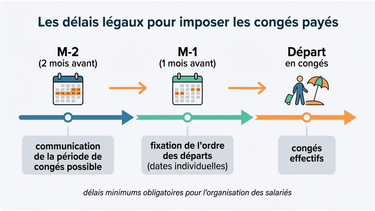 Ligne de temps montrant le délai de 2 mois pour la période de congés et le délai de 1 mois pour les dates individuelles.