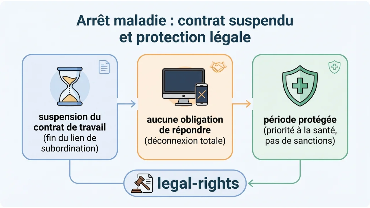 Infographie illustrant les trois conséquences de la suspension du contrat : arrêt du lien de subordination, fin des tâches habituelles et droit à la déconnexion.
