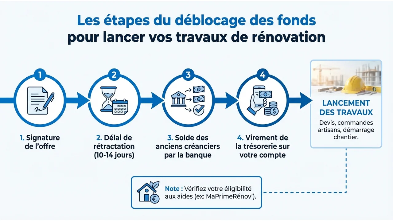 Diagramme de flux montrant les étapes chronologiques du rachat de crédits jusqu'au lancement du chantier de rénovation.