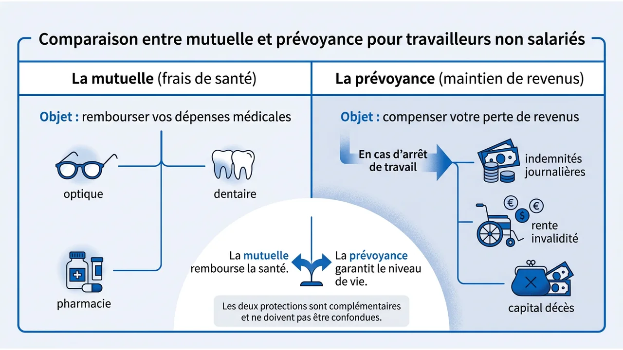 Diagramme circulaire divisé en deux parties : la mutuelle pour les frais médicaux et la prévoyance pour le maintien de revenu en cas d'arrêt de travail.