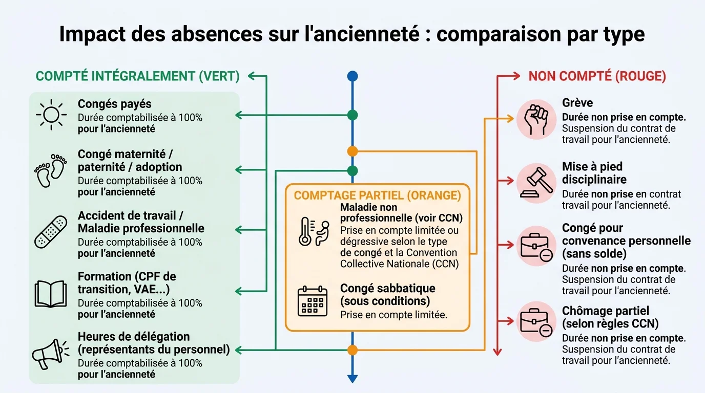 Impact des absences sur l'ancienneté : comparaison par type