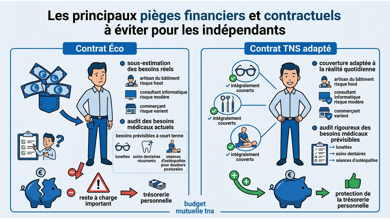 Tableau comparatif montrant le reste à charge élevé pour une mutuelle bas de gamme face à un reste à charge quasi nul pour une mutuelle adaptée aux TNS sur des soins hospitaliers.