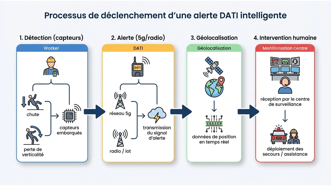 Schéma de flux montrant les étapes de l'alerte : détection automatique (chute ou perte de verticalité), transmission du signal GPS, et réception par le centre de surveillance.