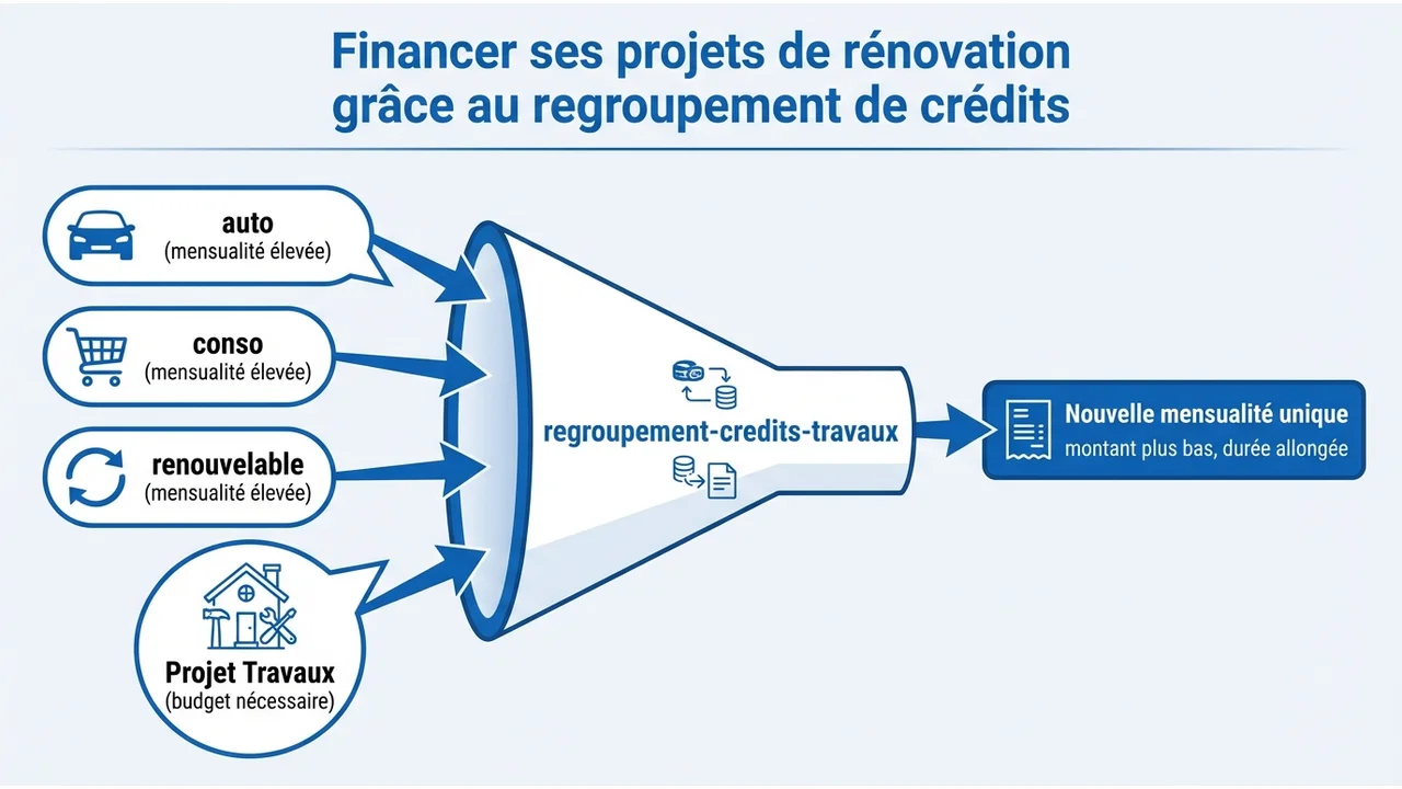 Infographie montrant la fusion de plusieurs crédits existants et l'ajout d'une nouvelle somme pour les travaux dans un prêt unique.