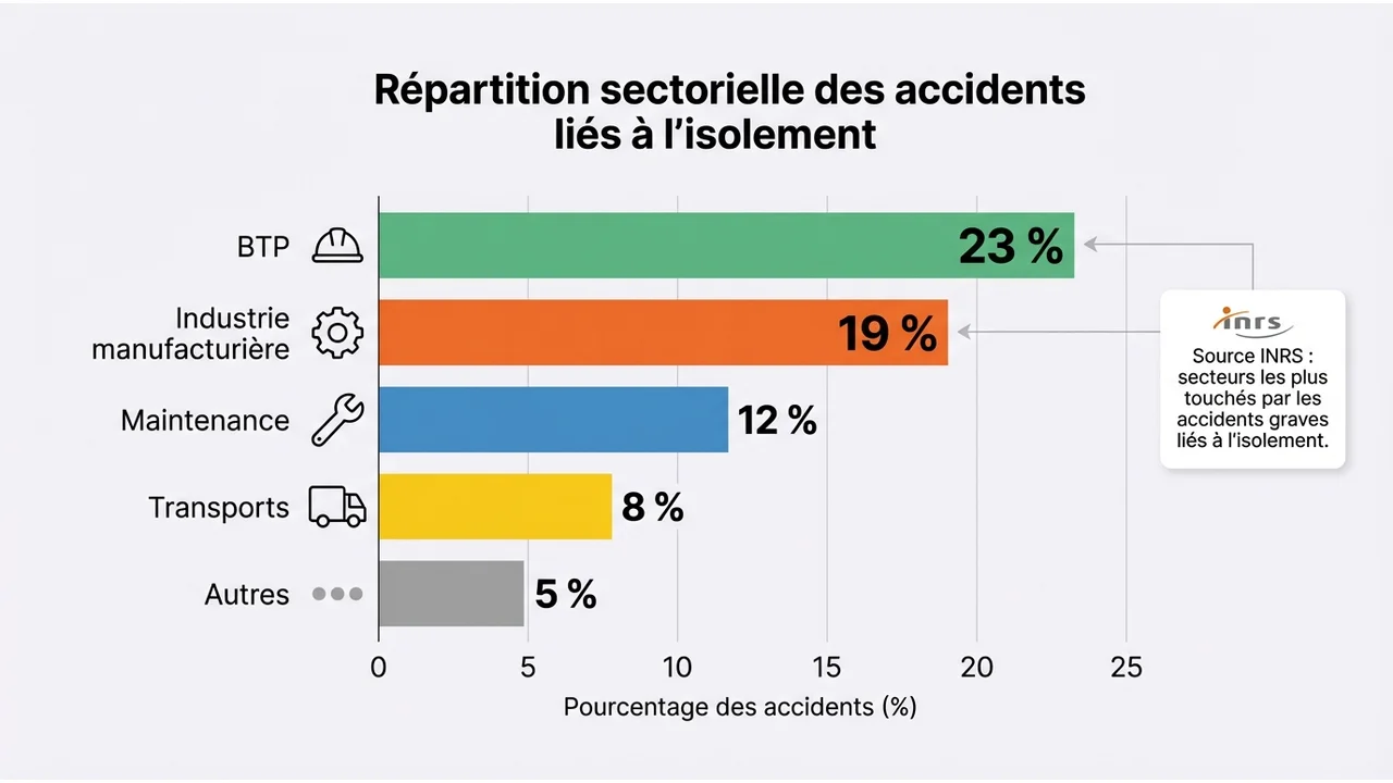 Graphique à barres montrant la répartition des accidents : BTP (23 %), Industrie manufacturière (19 %), Maintenance et Transports.