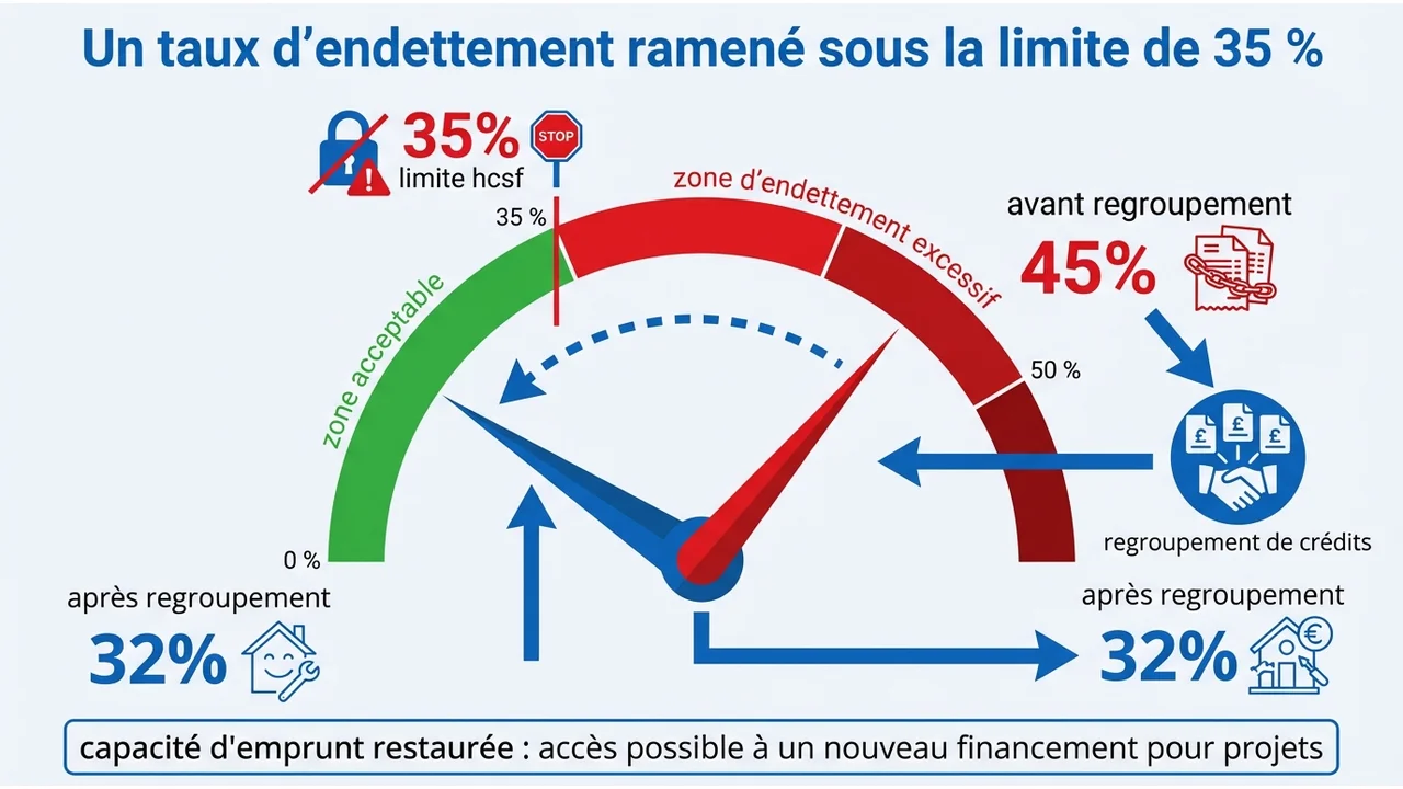 Jauge de santé financière illustrant le passage d'une zone rouge (supérieure à 35%) vers une zone verte après restructuration des dettes.