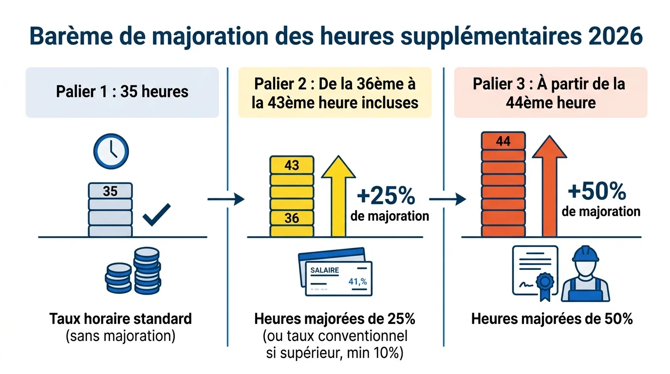 Barème de majoration des heures supplémentaires 2026