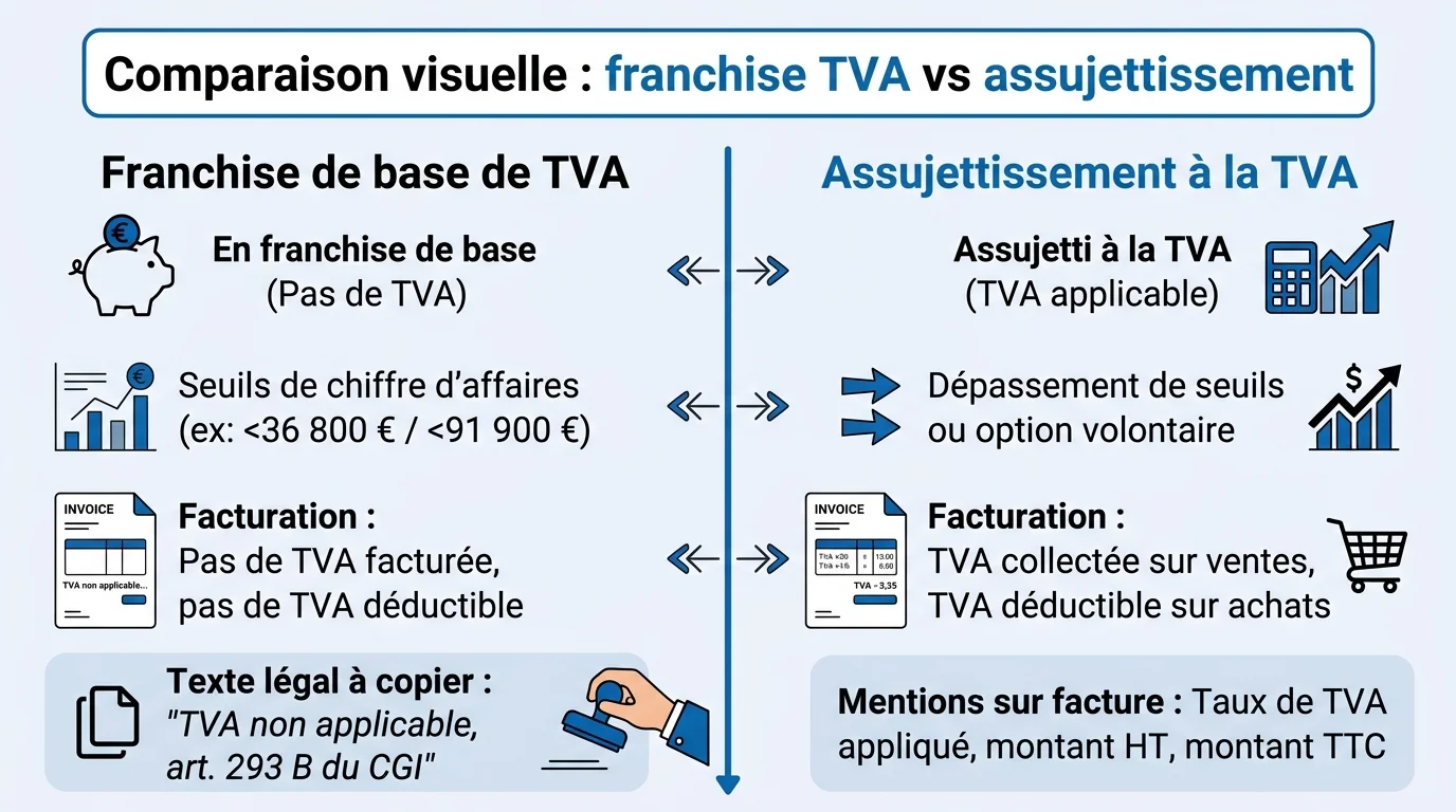 Comparaison visuelle : franchise TVA vs assujettissement