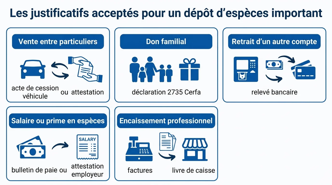 Les justificatifs acceptés pour un dépôt d'espèces important