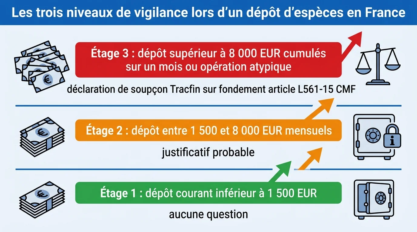 Les trois niveaux de vigilance lors d'un dépôt d'espèces en France