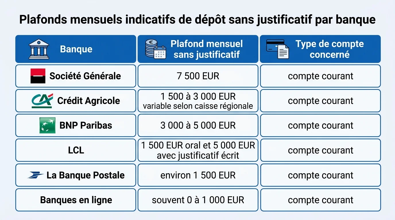Plafonds mensuels indicatifs de dépôt sans justificatif par banque