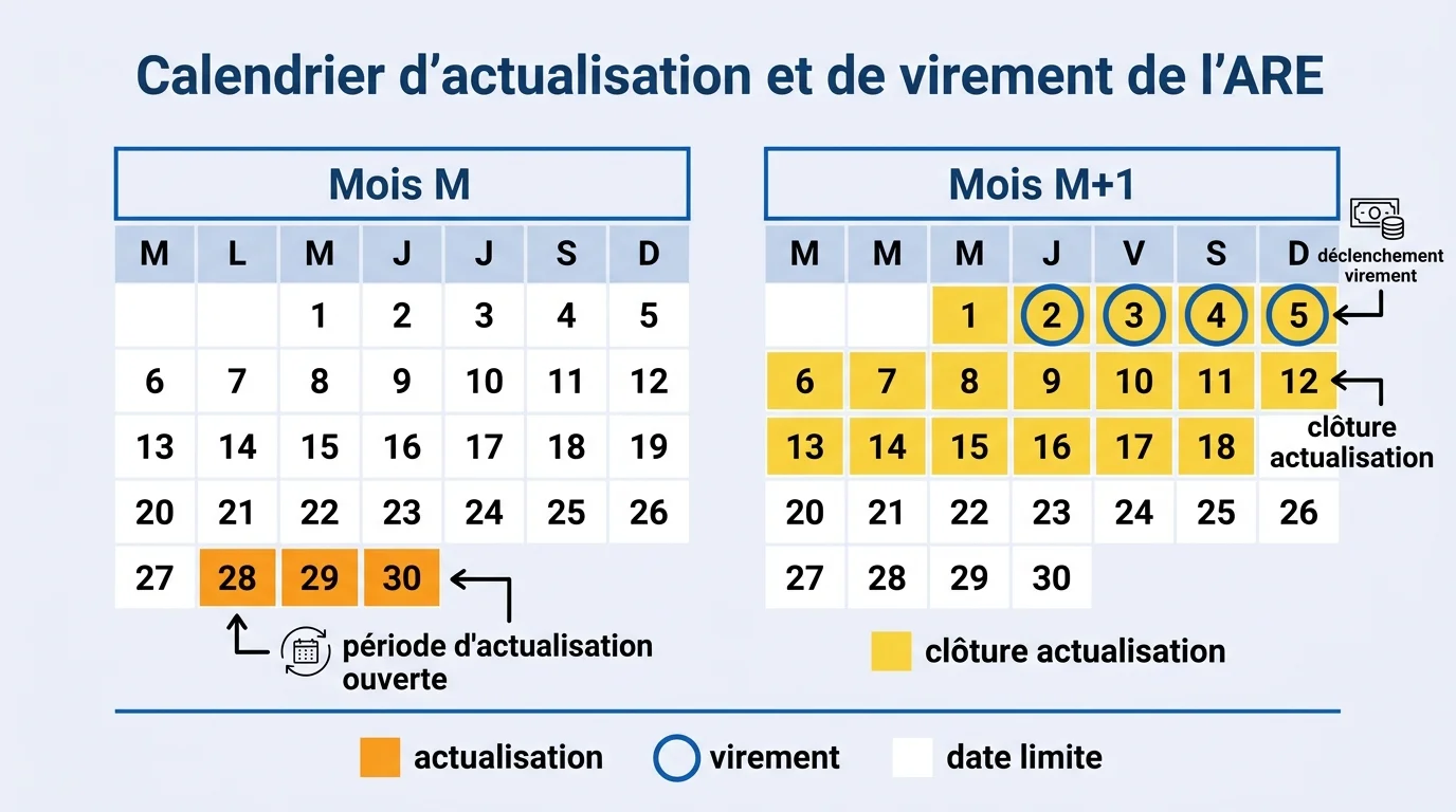 Calendrier d'actualisation et de virement de l'ARE