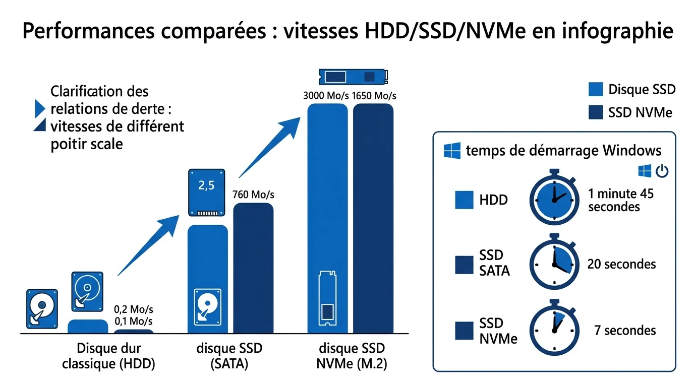 Performances comparées : vitesses HDD/SSD/NVMe en infographie