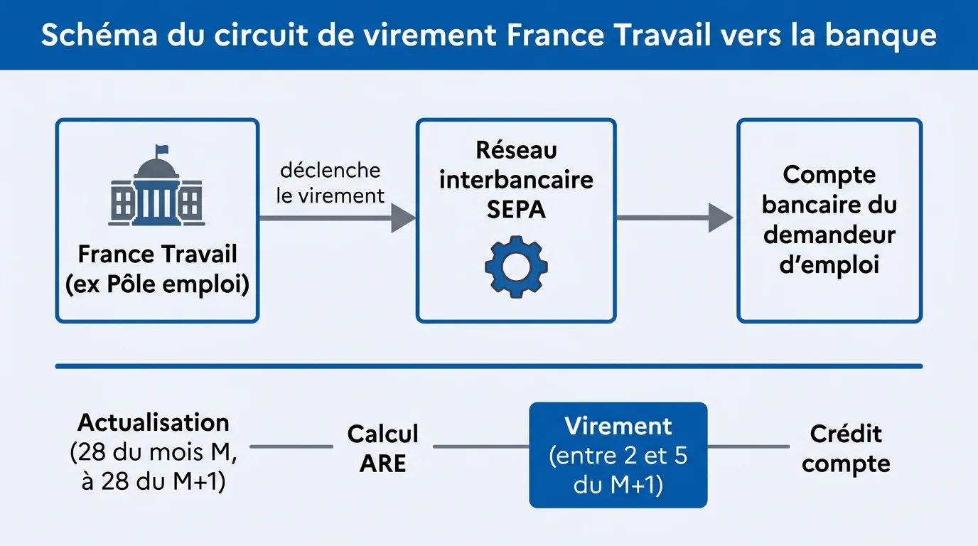 Schéma du circuit de virement France Travail vers la banque