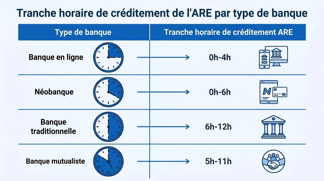 Tranche horaire de créditement de l'ARE par type de banque