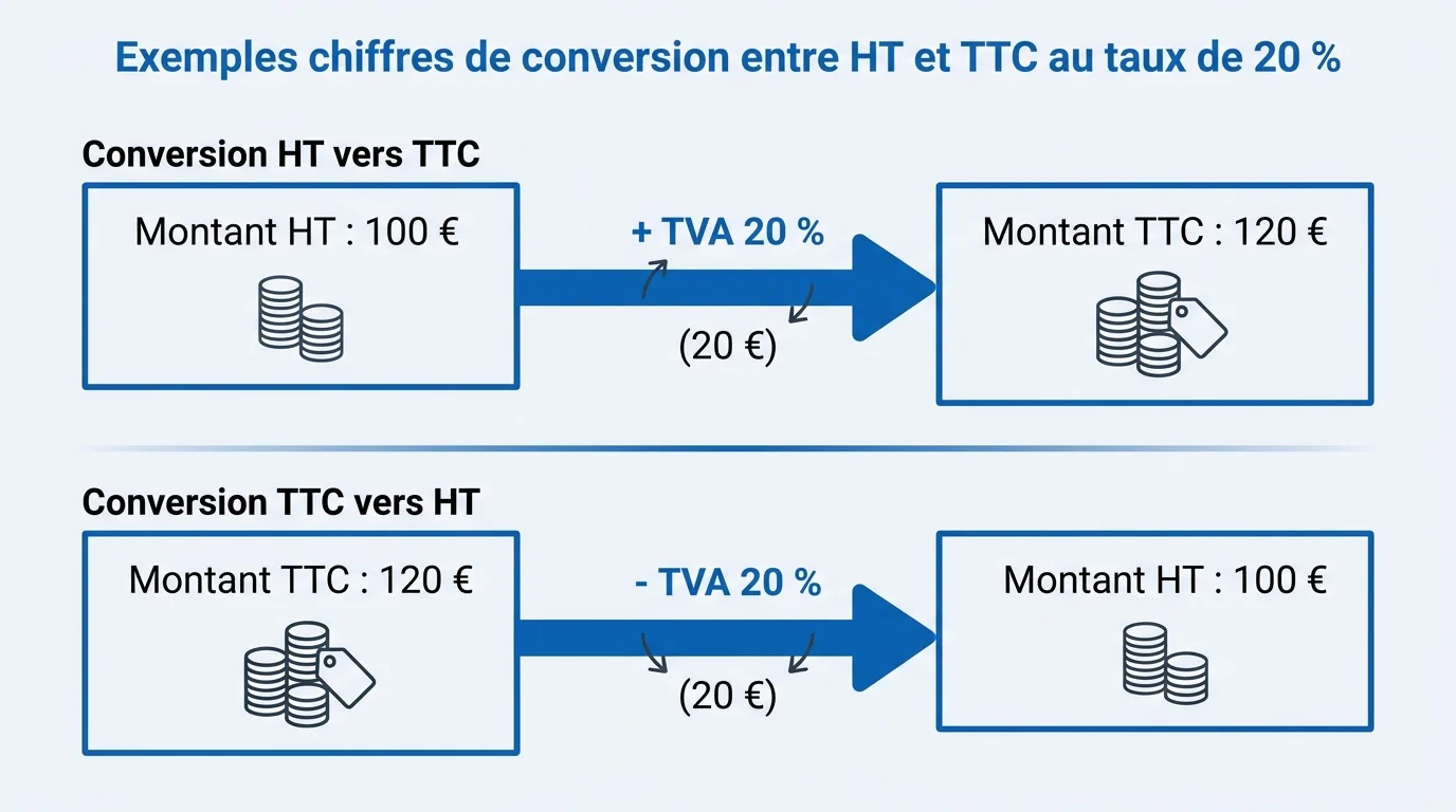 Exemples chiffres de conversion entre HT et TTC au taux de 20 %