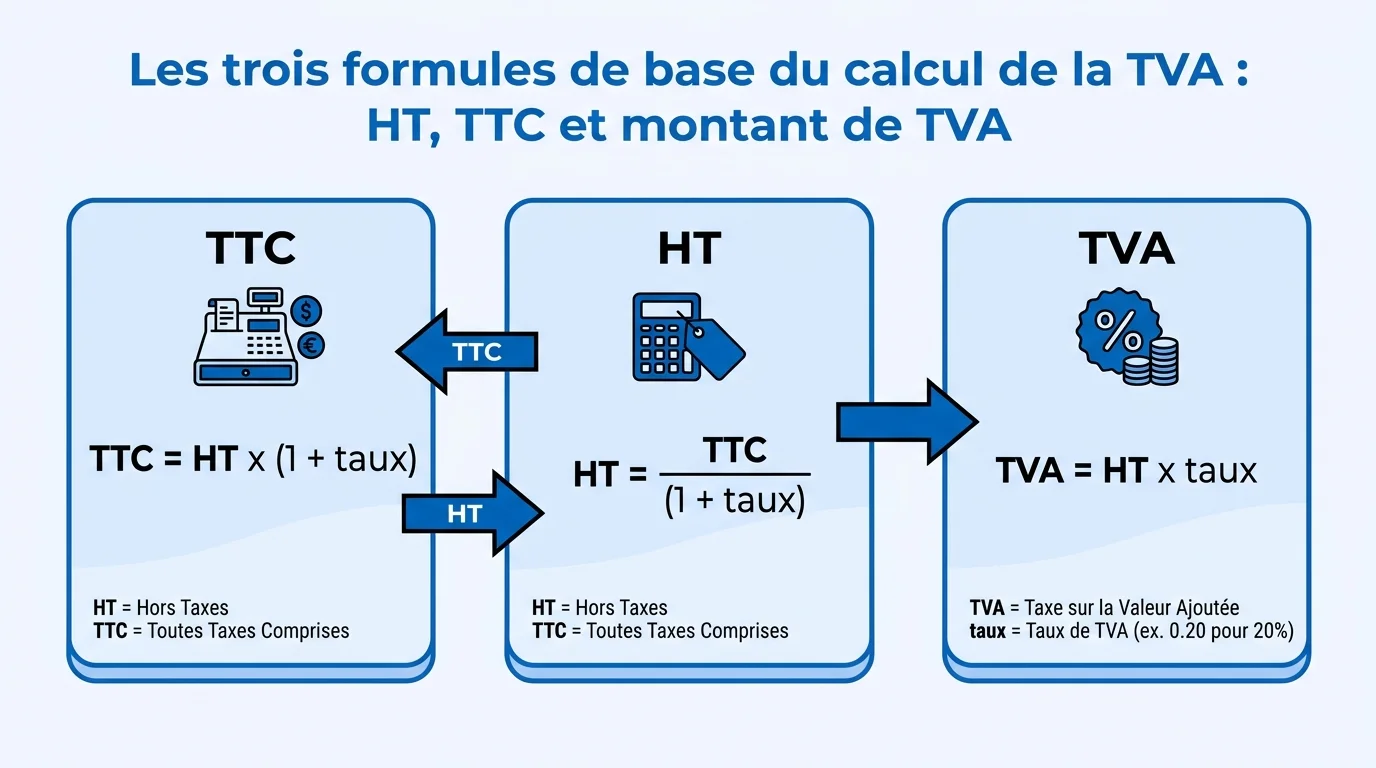 Les trois formules de base du calcul de la TVA : HT, TTC et montant de TVA