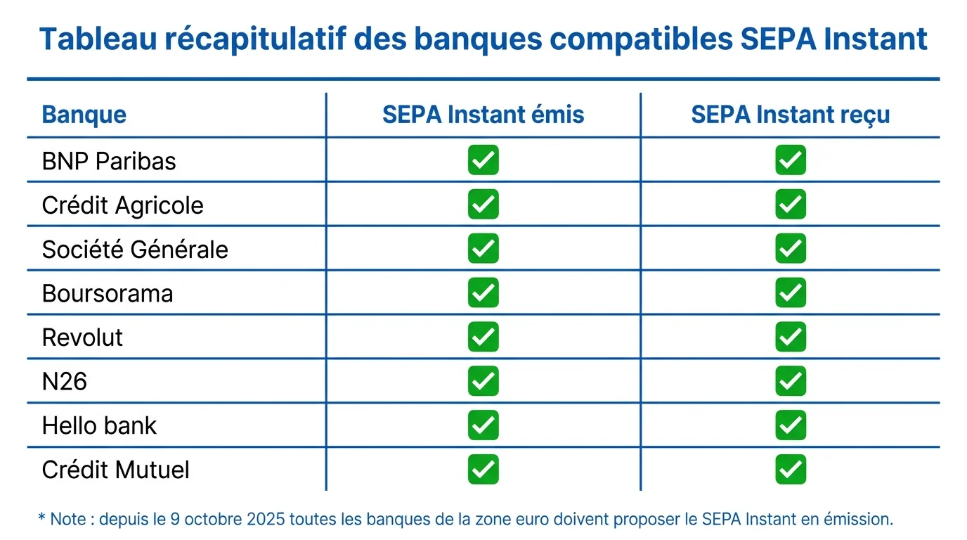 Tableau récapitulatif des banques compatibles SEPA Instant